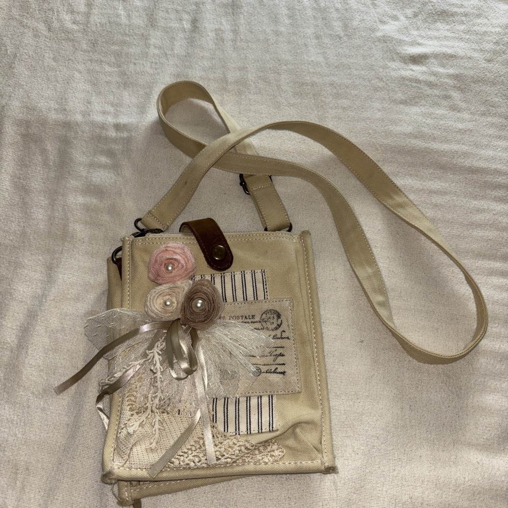 Crossbody Canvas Purse Tan Tattered Lace beads Artsy Cottagecore Shabby Chic